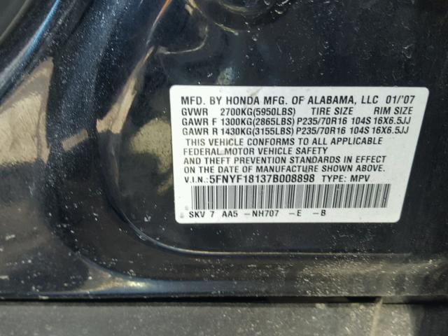 5FNYF18137B008898 - 2007 HONDA PILOT LX BLACK photo 10