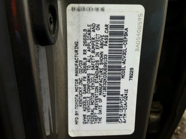 4T1BE32K03U699133 - 2003 TOYOTA CAMRY LE GRAY photo 10