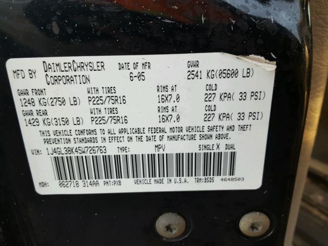 1J4GL38K45W726763 - 2005 JEEP LIBERTY RE BLACK photo 10