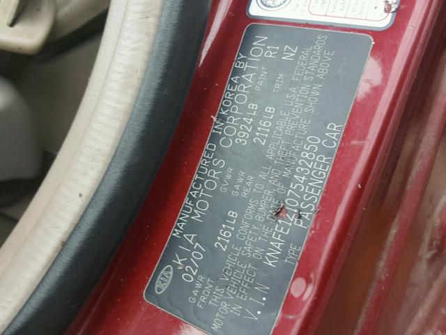 KNAFE121075432850 - 2007 KIA SPECTRA EX BURGUNDY photo 10