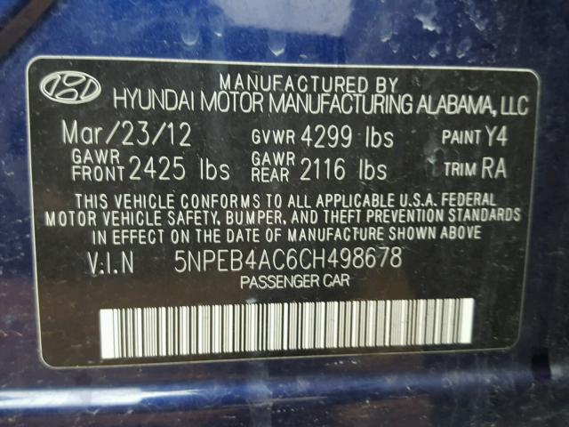 5NPEB4AC6CH498678 - 2012 HYUNDAI SONATA GLS BLUE photo 10