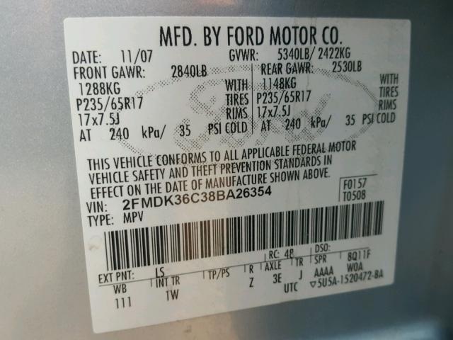 2FMDK36C38BA26354 - 2008 FORD EDGE SE BLUE photo 10