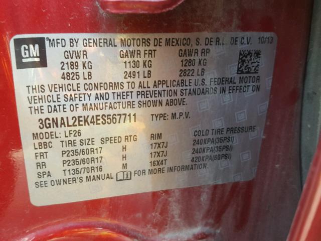 3GNAL2EK4ES567711 - 2014 CHEVROLET CAPTIVA LS 勃艮第红 照片 10