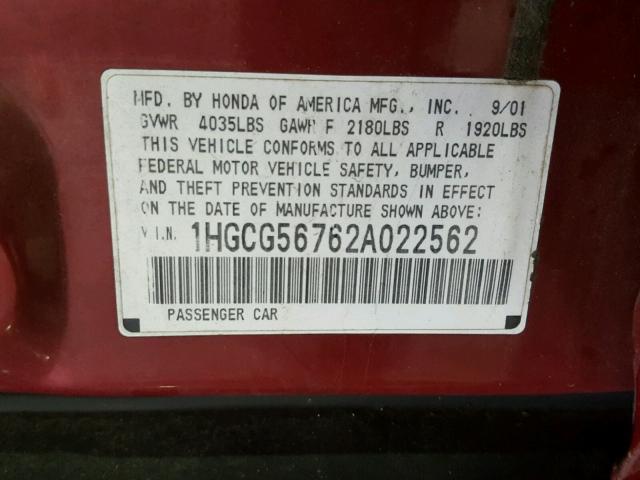 1HGCG56762A022562 - 2002 HONDA ACCORD SE RED photo 10