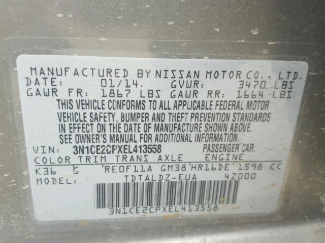 3N1CE2CPXEL413558 - 2014 NISSAN VERSA NOTE SILVER photo 10