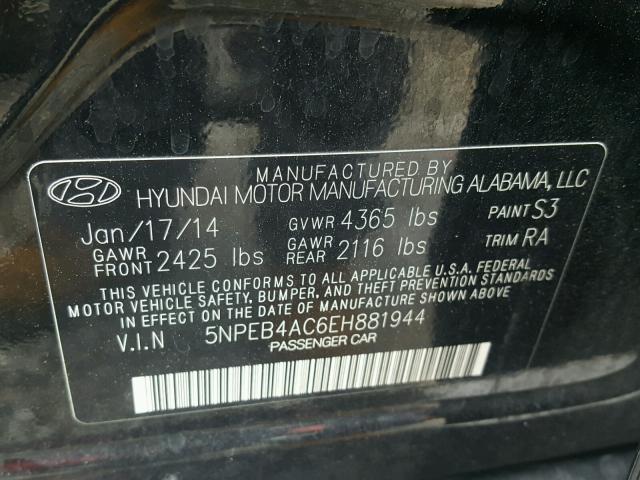 5NPEB4AC6EH881944 - 2014 HYUNDAI SONATA GLS BLACK photo 10