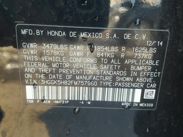 3HGGK5H82FM757960 - 2015 HONDA FIT EX BLACK photo 10