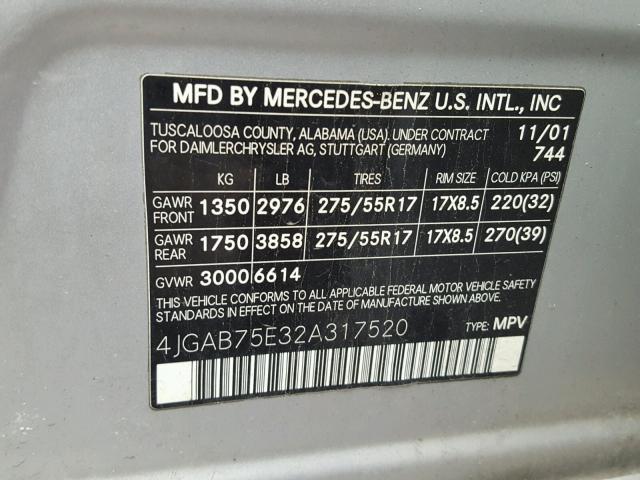 4JGAB75E32A317520 - 2002 MERCEDES-BENZ ML 500 SILVER photo 10