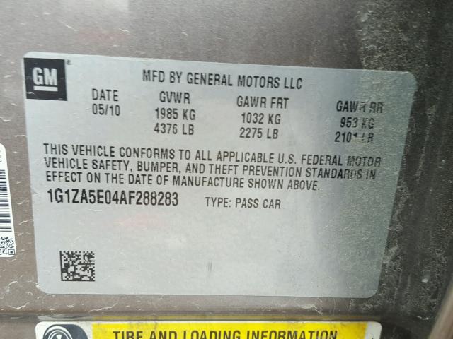 1G1ZA5E04AF288283 - 2010 CHEVROLET MALIBU LS ნაცრისფერი ფოტო 10