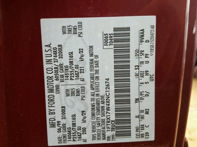 1FTRX17W4XNC12674 - 1999 FORD F150 Granate foto 10