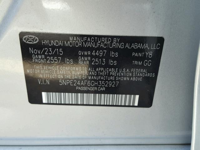 5NPE24AF6GH352927 - 2016 HYUNDAI SONATA SE SILVER photo 10