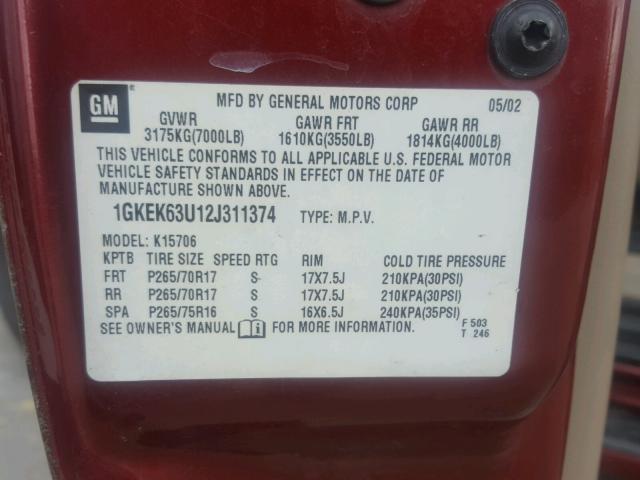 1GKEK63U12J311374 - 2002 GMC DENALI MAROON photo 10