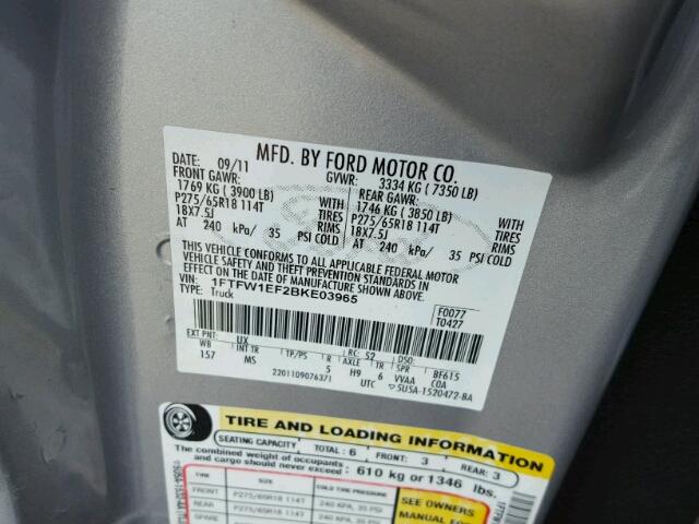 1FTFW1EF2BKE03965 - 2011 FORD F150 SUPER GRAY photo 10