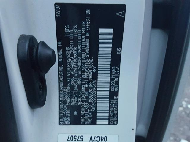 5TDZK22C08S146170 - 2008 TOYOTA SIENNA XLE WHITE photo 10