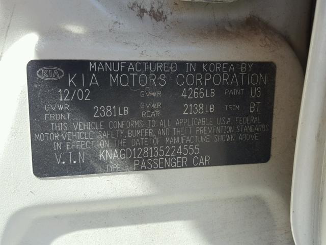 KNAGD128135224555 - 2003 KIA OPTIMA LX WHITE photo 10