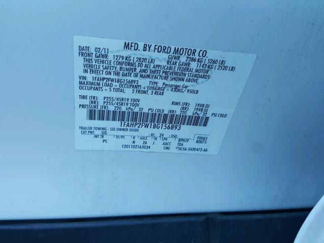 1FAHP2FW1BG156893 - 2011 FORD TAURUS LIM WHITE photo 10