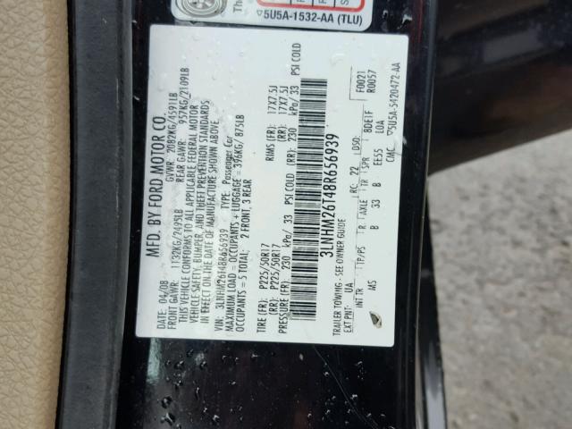 3LNHM26T48R656939 - 2008 LINCOLN MKZ BLACK photo 10