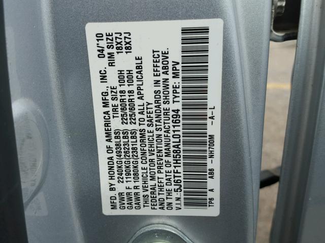 5J6TF1H58AL011694 - 2010 HONDA ACCORD CRO SILVER photo 10