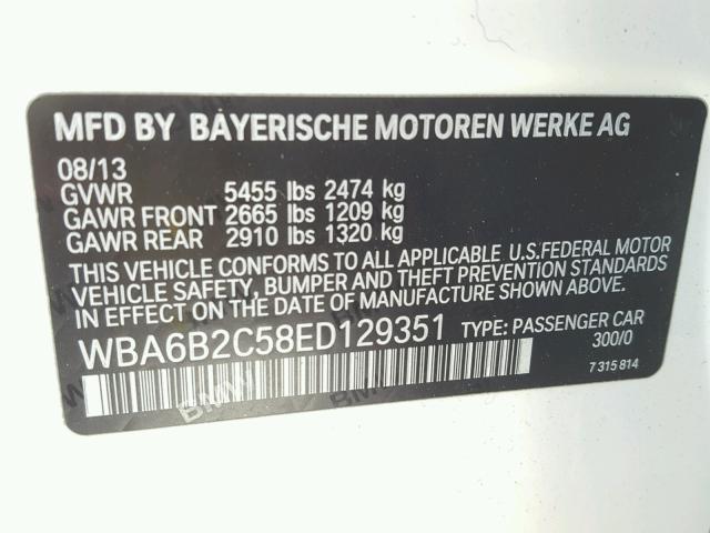 WBA6B2C58ED129351 - 2014 BMW 650 I WHITE photo 10