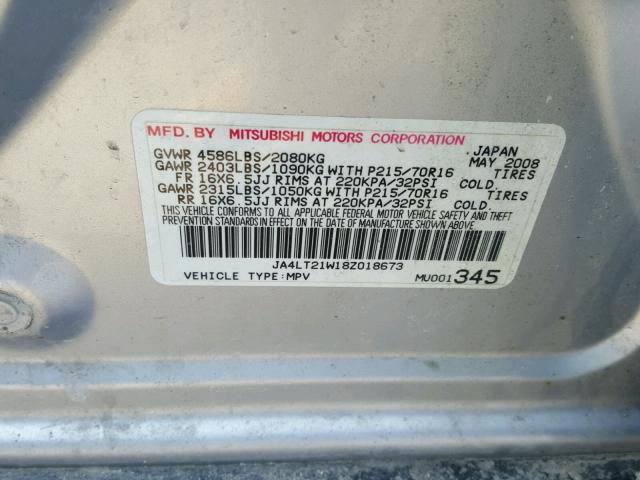 JA4LT21W18Z018673 - 2008 MITSUBISHI OUTLANDER SILVER photo 10