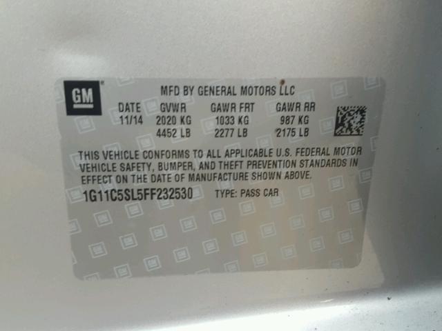 1G11C5SL5FF232530 - 2015 CHEVROLET MALIBU 1LT 银色 照片 10