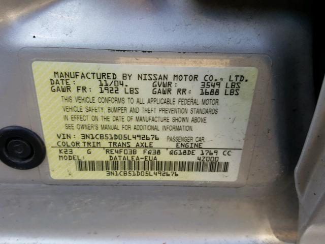 3N1CB51D05L492676 - 2005 NISSAN SENTRA 1.8 SILVER photo 10