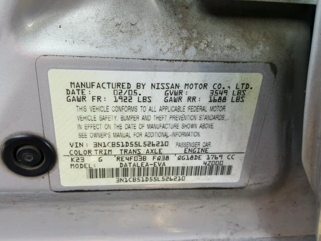 3N1CB51D55L526210 - 2005 NISSAN SENTRA 1.8 SILVER photo 10