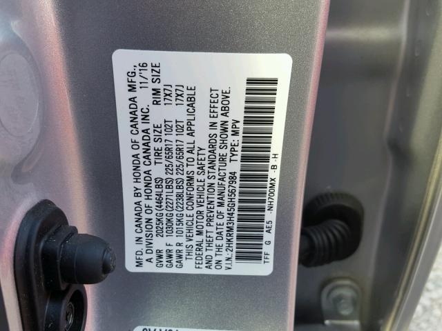 2HKRM3H45GH567984 - 2016 HONDA CR-V SE SILVER photo 10