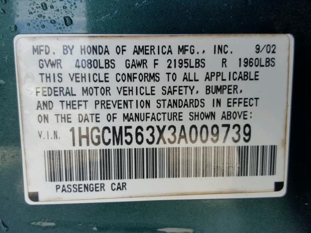 1HGCM563X3A009739 - 2003 HONDA ACCORD LX GREEN photo 10