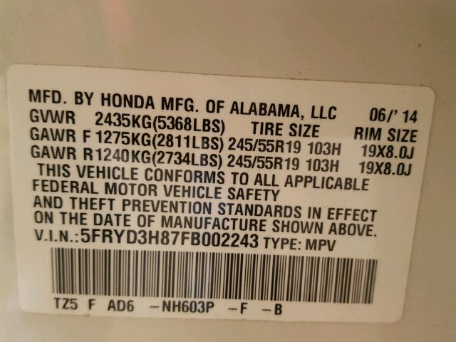 5FRYD3H87FB002243 - 2015 ACURA MDX ADVANC 白色 照片 10