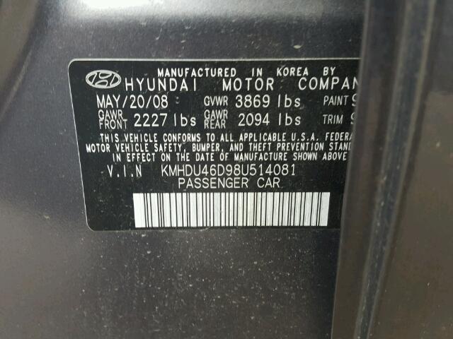 KMHDU46D98U514081 - 2008 HYUNDAI ELANTRA GL GRAY photo 10