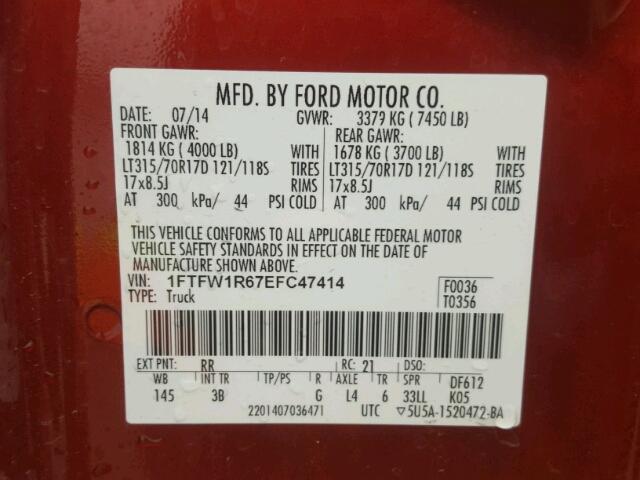 1FTFW1R67EFC47414 - 2014 FORD F150 SVT R RED photo 10