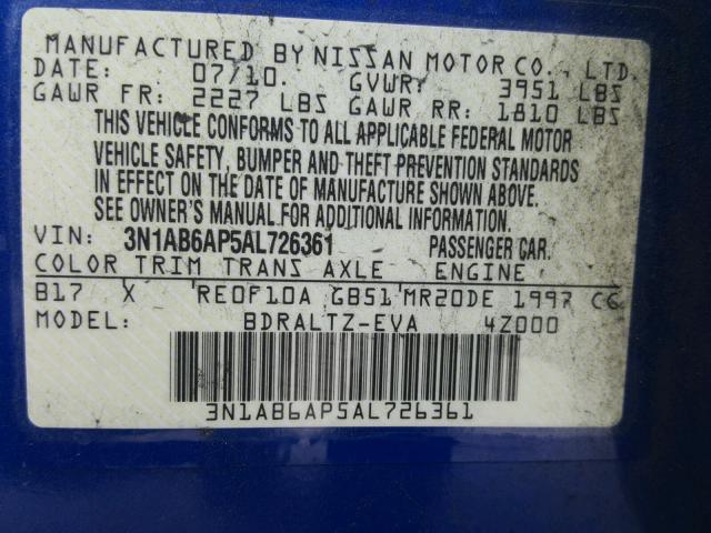 3N1AB6AP5AL726361 - 2010 NISSAN SENTRA 2.0 BLUE photo 10