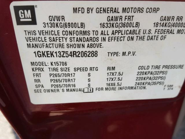 1GKEK13Z54R206288 - 2004 GMC YUKON MAROON photo 10