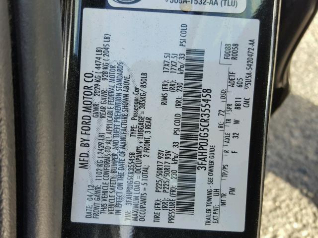 3FAHP0JG5CR355458 - 2012 FORD FUSION SEL BLACK photo 10