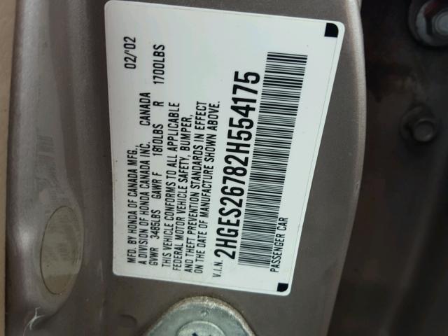 2HGES26782H554175 - 2002 HONDA CIVIC EX ოქროსფერი ფოტო 10