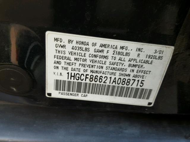 1HGCF86621A088715 - 2001 HONDA ACCORD VAL GREEN photo 10