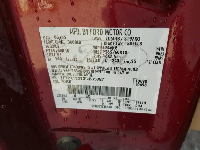 1FTPX12585NB35987 - 2005 FORD F150 BURGUNDY photo 10