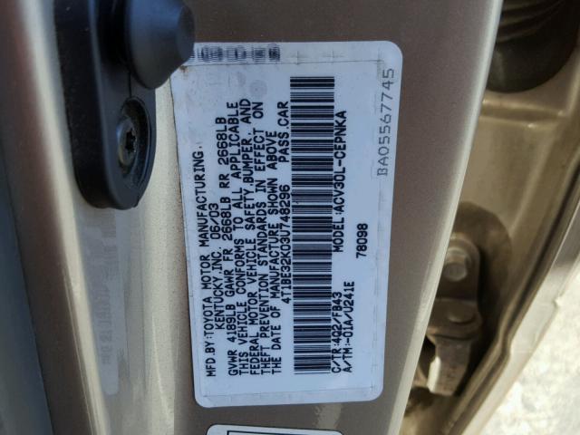 4T1BE32K03U748296 - 2003 TOYOTA CAMRY LE GOLD photo 10