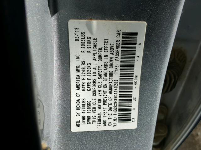 1HGCR2F36DA140202 - 2013 HONDA ACCORD LX SILVER photo 10