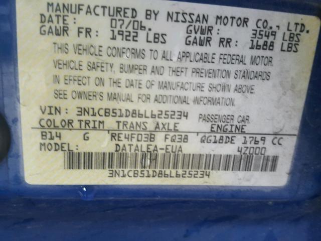 3N1CB51D86L625234 - 2006 NISSAN SENTRA 1.8 BLUE photo 10