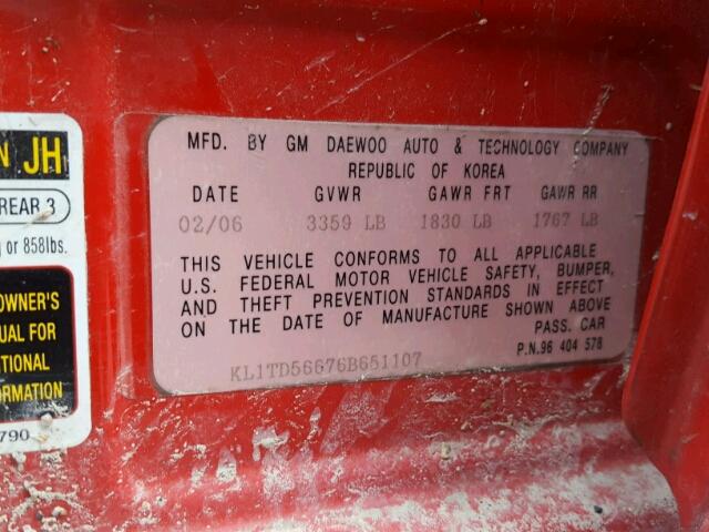 KL1TD56676B651107 - 2006 CHEVROLET AVEO BASE Qırmızı foto 10