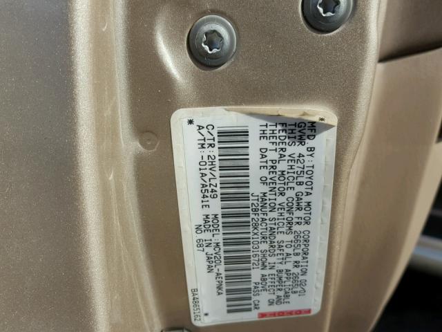 JT2BF28KX10316721 - 2001 TOYOTA CAMRY LE TAN photo 10