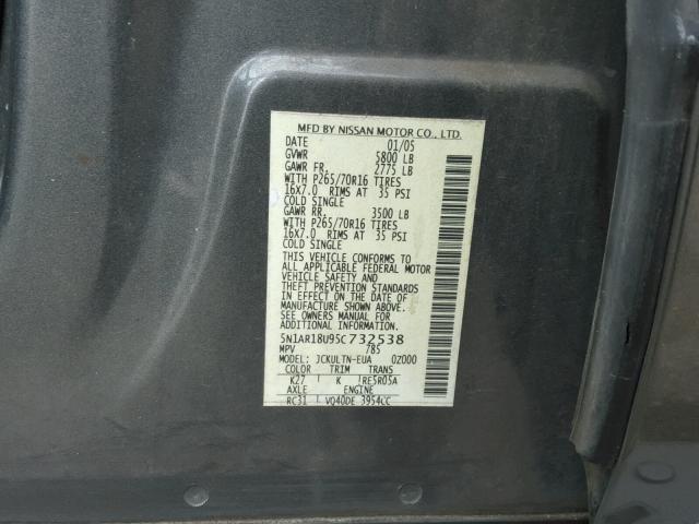 5N1AR18U95C732538 - 2005 NISSAN PATHFINDER GRAY photo 10