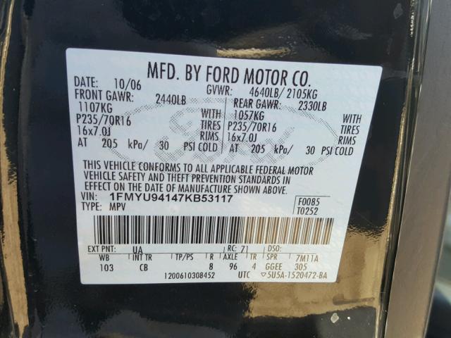 1FMYU94147KB53117 - 2007 FORD ESCAPE LIM BLACK photo 10