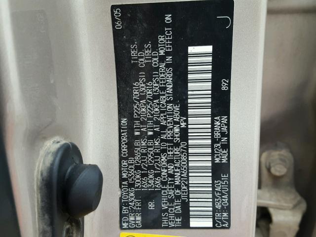 JTEDP21A650085770 - 2005 TOYOTA HIGHLANDER TAN photo 10