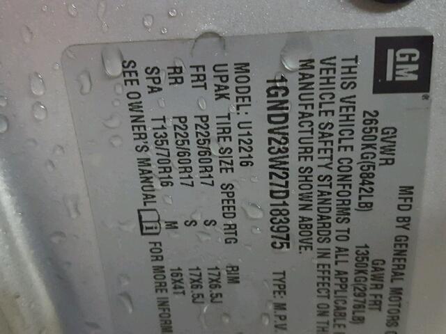 1GNDV23W27D183975 - 2007 CHEVROLET UPLANDER L 银色 照片 10