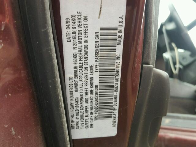 4S3BD4356X7264000 - 1999 SUBARU LEGACY L BURGUNDY photo 10