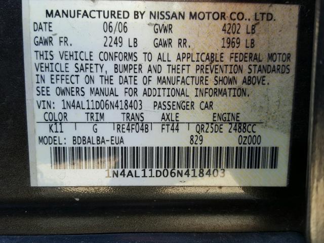 1N4AL11D06N418403 - 2006 NISSAN ALTIMA S CHARCOAL photo 10