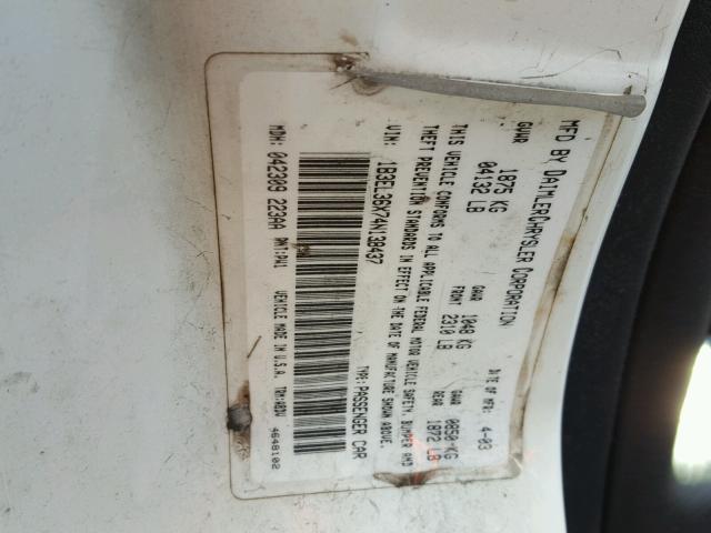 1B3EL36X74N138437 - 2004 DODGE STRATUS SE WHITE photo 10